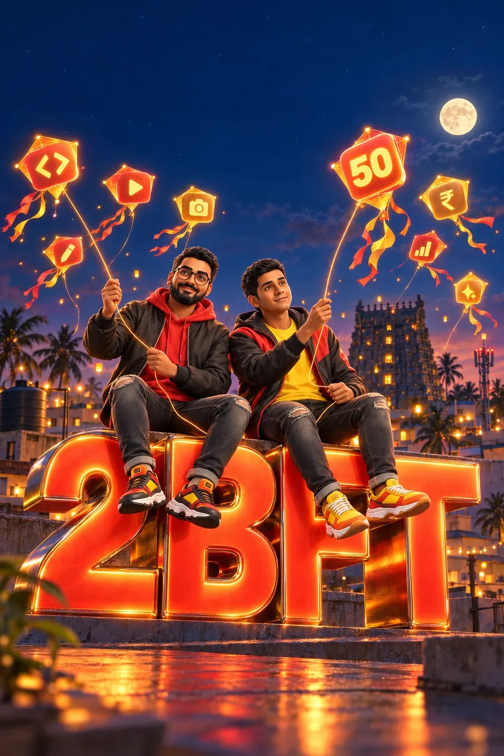 Two founders of 2BFT sitting on glowing 3D 2BFT letters at dusk in a small Tamil Nadu town, flying kites that carry code, video, camera and rupee icons