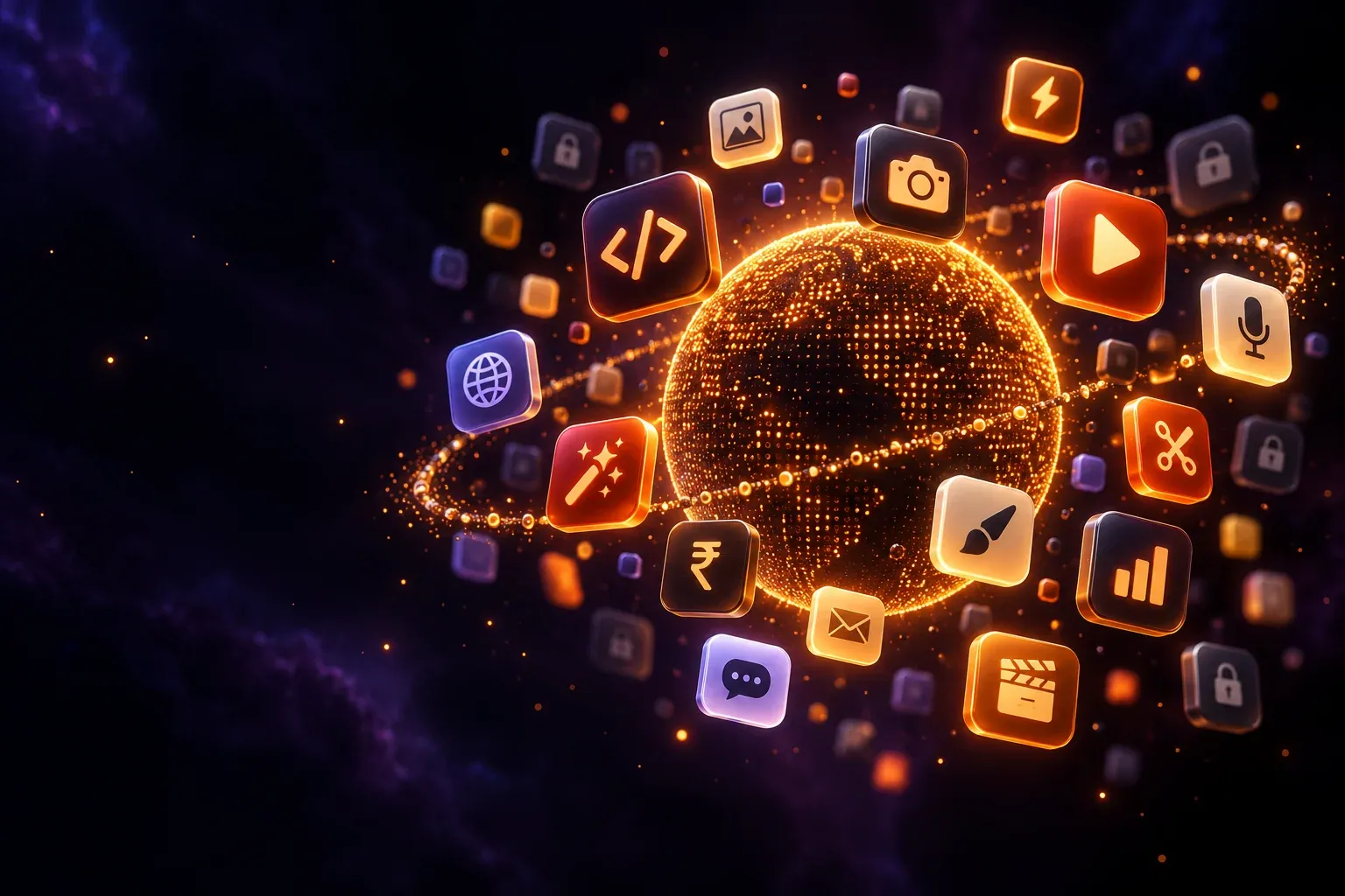 A glowing globe of dots ringed by app icons for code, video, images and email, some of them locked.