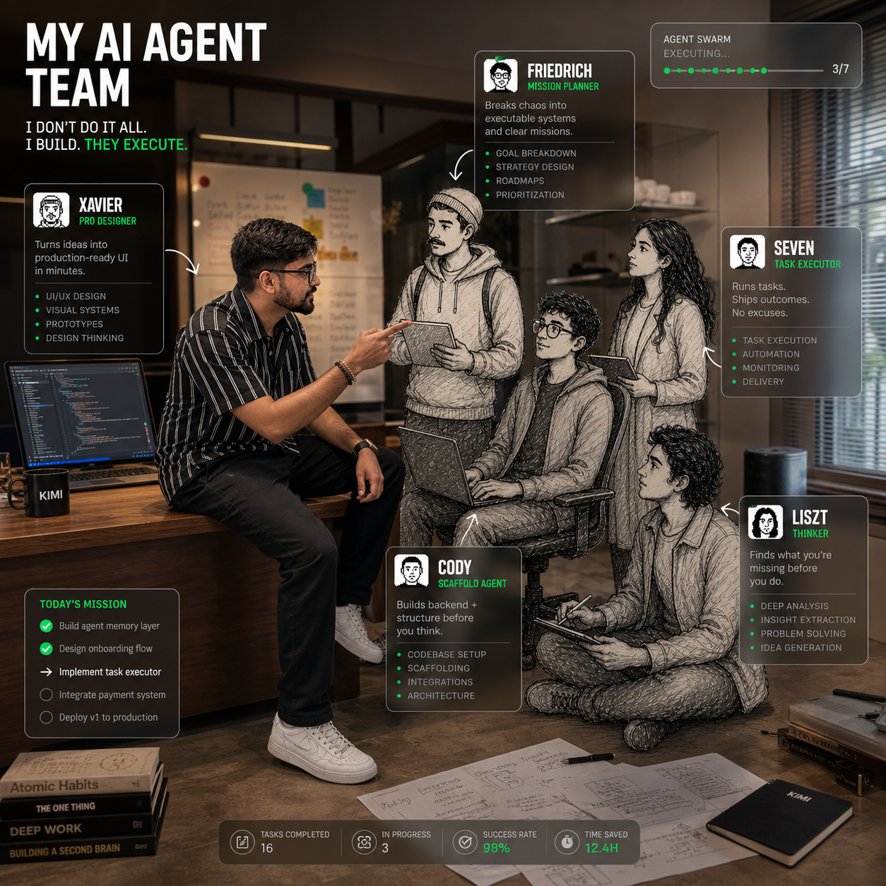 AI agent team visual for a 2BFT builder room article.